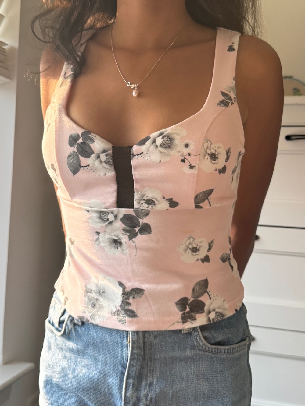 Soft Pink Floral Square-Neck Camisole with Contrast Insert